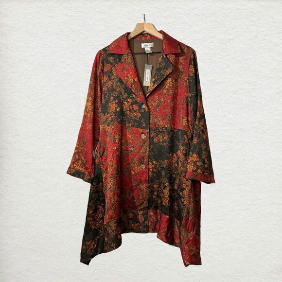 NWT Ania A VTG Floral Artsy Boho Patchwork Button Asymmetrical Red Light Jacket - Picture 1 of 11